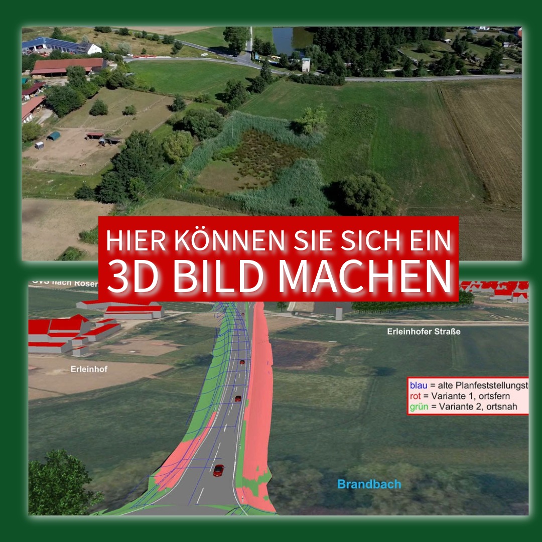 zwei Drohnenaufnahmen. Eine zeigt wie es jetzt um den Erleinhof aussieht und die andere ist eine 3D Aufanahme und zeigt wie es aussieht, wenn die Westumfahrung kommt